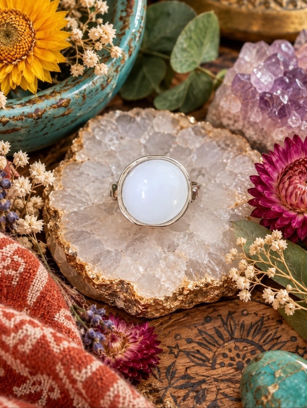 4/$15 Adjustable Moonstone Ring Silver Tone White Gemstone Boho Celestial Witchy